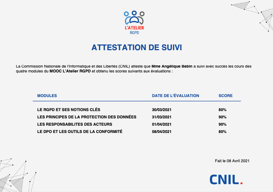 Attestation de suivi - MOOC L'Atelier RGPD de la CNIL